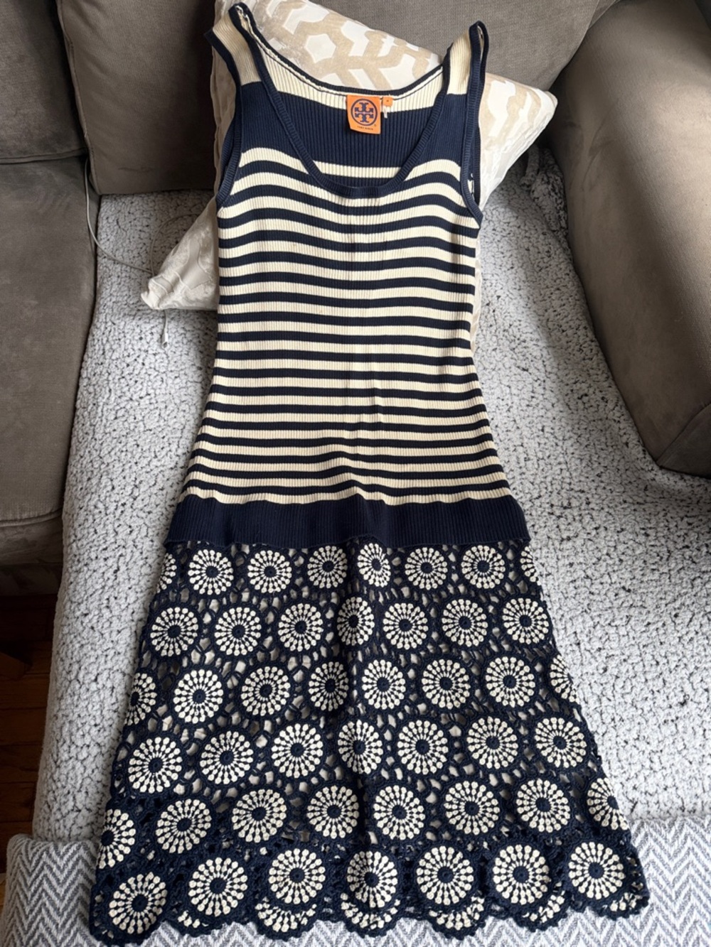 Tory Burch Navy & Cream Striped Crochet Hem Tank Dress